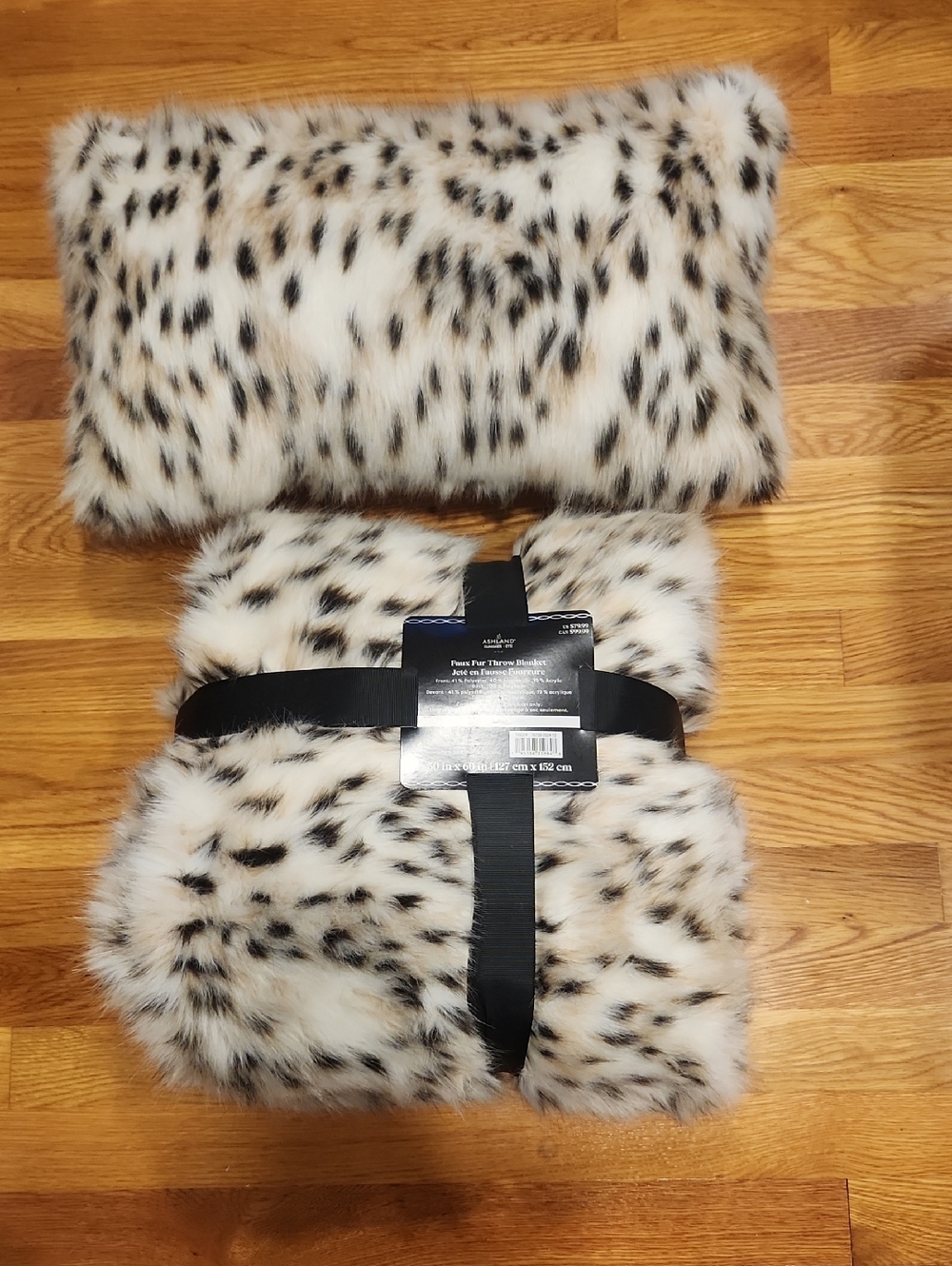 NWT Ashland Safari 50"x 60" Faux Fur Leopard-Print Throw And Matching Pillow